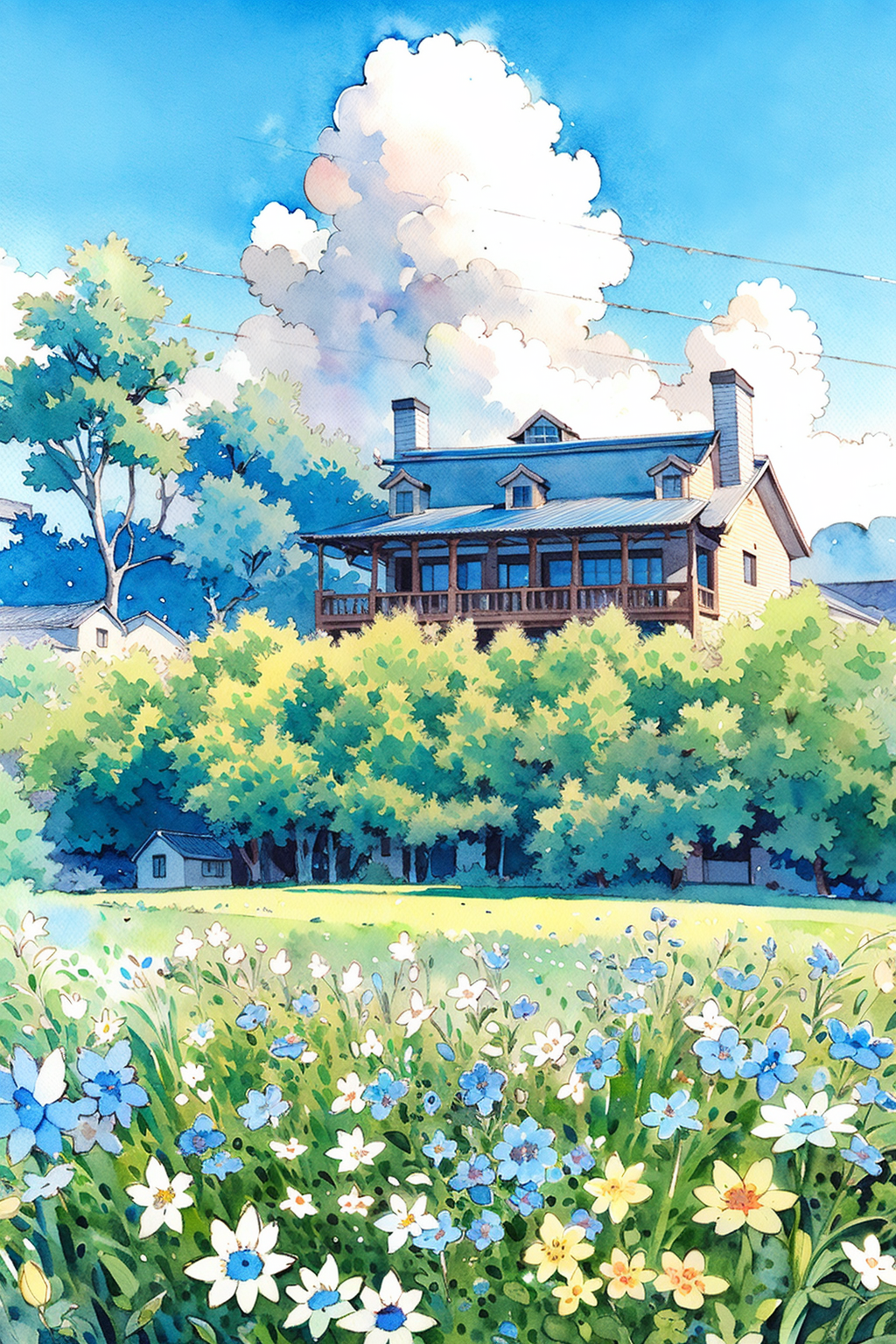 03816-1799096085-no humans, outdoors, flower, cloud, sky, grass, scenery, house, traditional media, day, painting (medium), blue flower, field, c.png